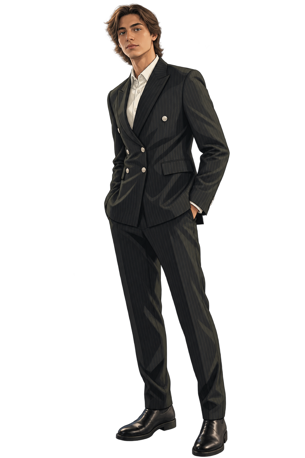 Illustration of Stefan Trajkovski in a dark pinstripe suit